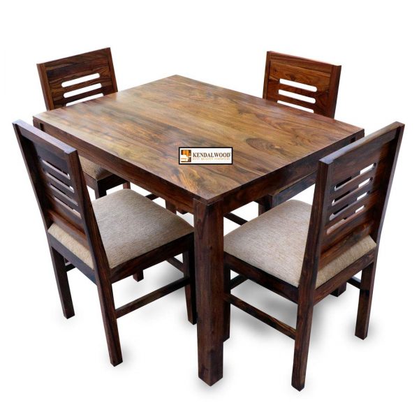 Kendal Wood Sheesham Table with Chairs, Dining Room Furniture (4 Seater, Natural Brown with Cream Cushion)