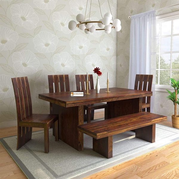 KendalWood™ Furniture Sheesham Wood Dining Table with 6 Seater with 1 Bench ( Finish Color :- Teak Finish)