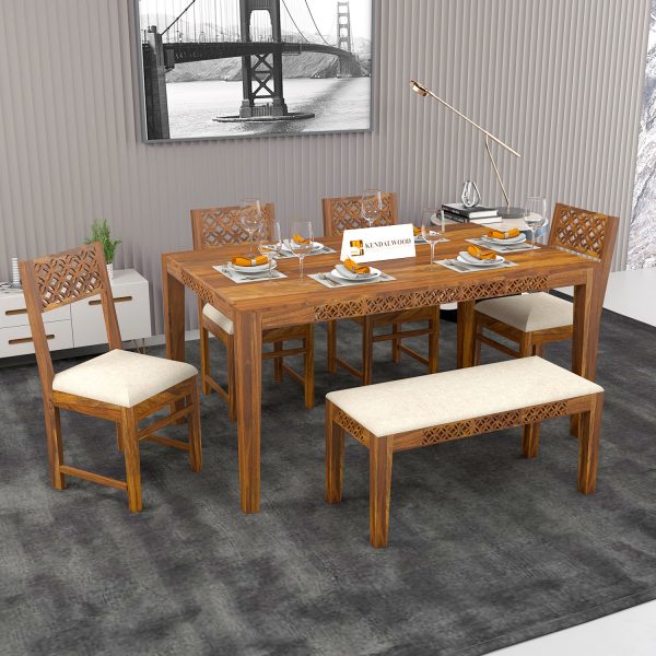 Kendalwood Furniture Solid Wood 6 Seater Dining Set  (Finish Color - Honey Finish With Cream Cushion)