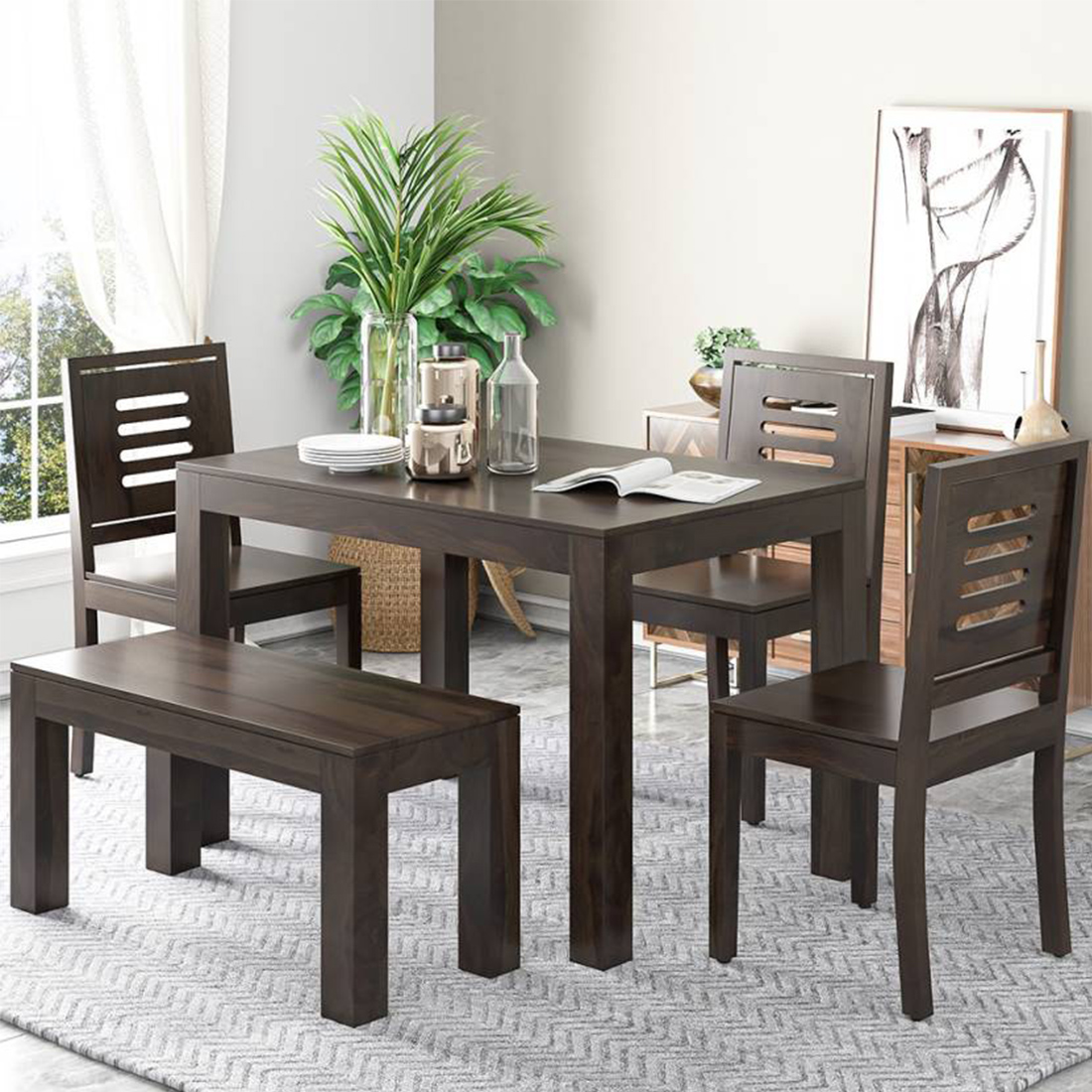 pardon Ahead skull Kendalwood Furniture Premium Dining Room Furniture Wooden Dining Table with  3 Chairs & 1 Bench Solid Wood 4 Seater Dining Set (Finish Color -Walnut  Finish, Knock Down) – kendalwood